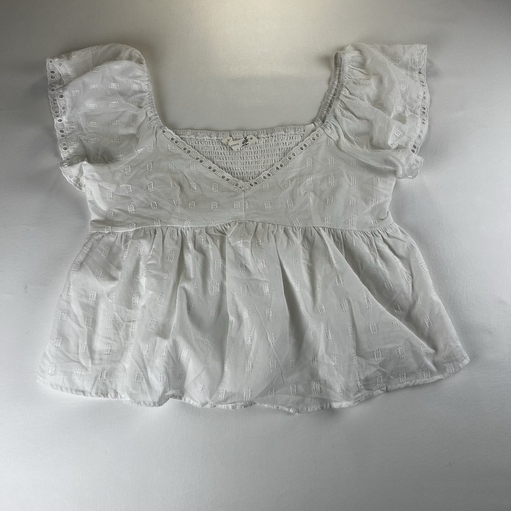 Altar'd State Azura White Cotton Eyelet Flutter Sleeve Smocked Peplum Top Small